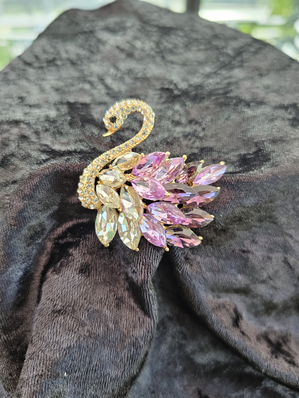 Elegant Gold Swan Brooch with Pink,purple and Clear Crystals.